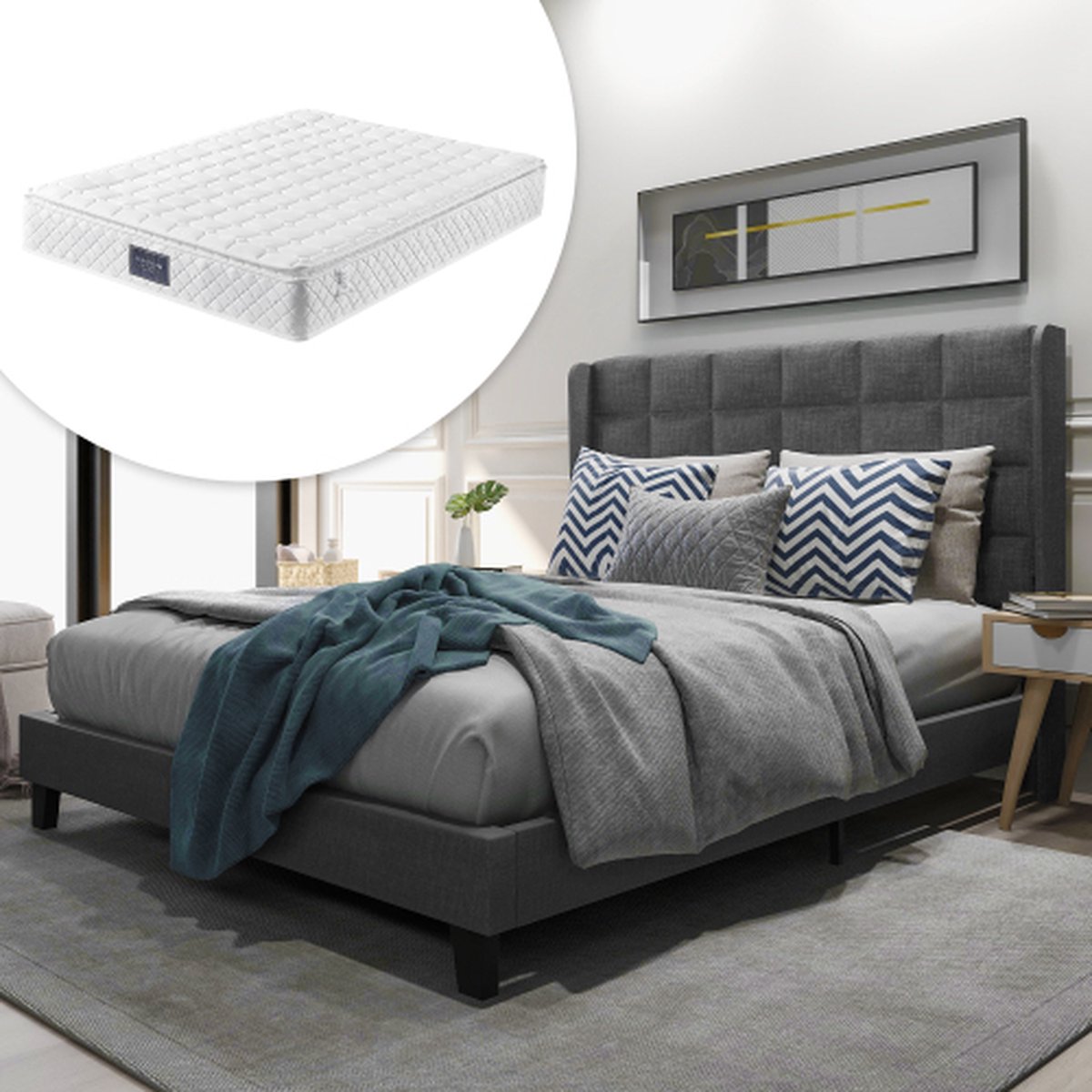 KOMHTOM Tweepersoonsbed 140x200cm Bed volwassenen Modern bed met gestoffeerd hoofdeinde Grijs met matras