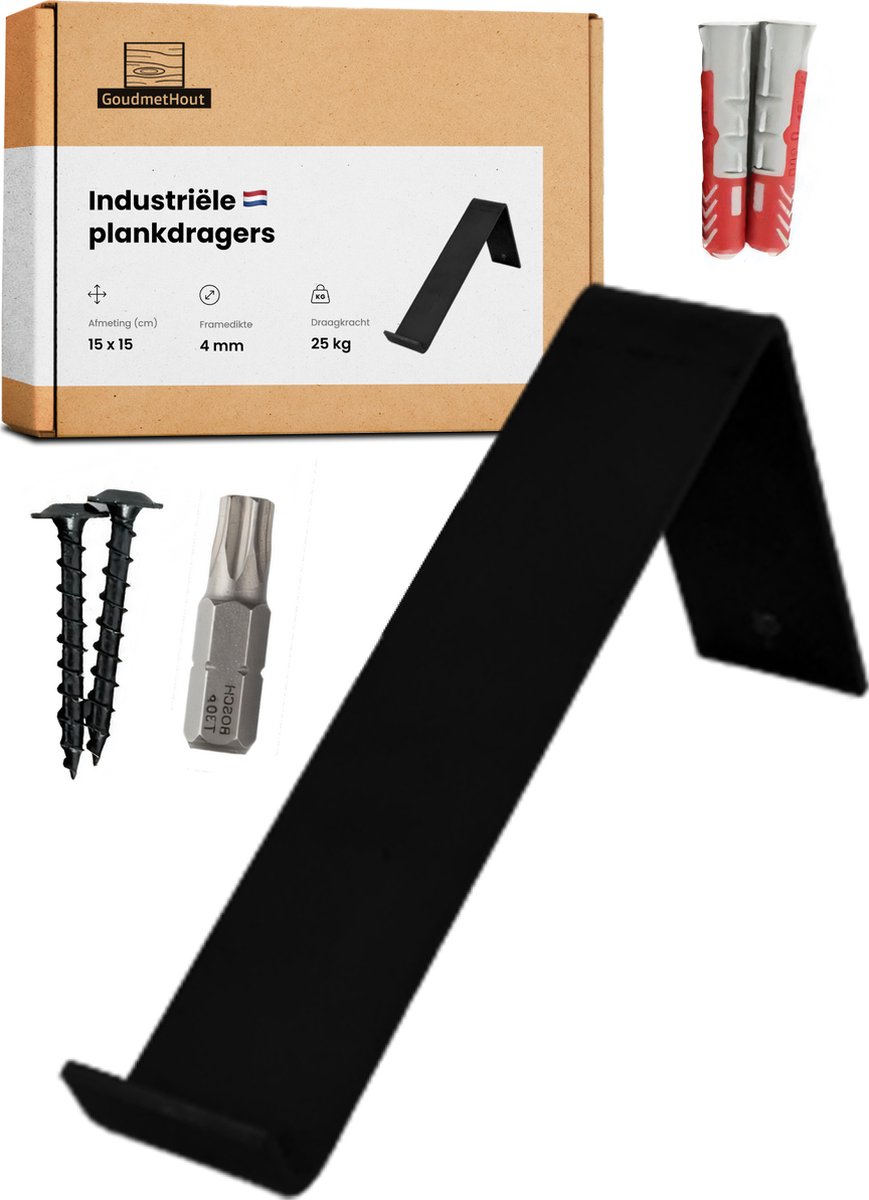 GoudmetHout® Industriële Plankdragers L-vorm - 15 cm - Stalen Plankdrager voor Wandschap, Muurrek of Wandconsole - Max 25 kg - 1 stuk - Mat Zwart