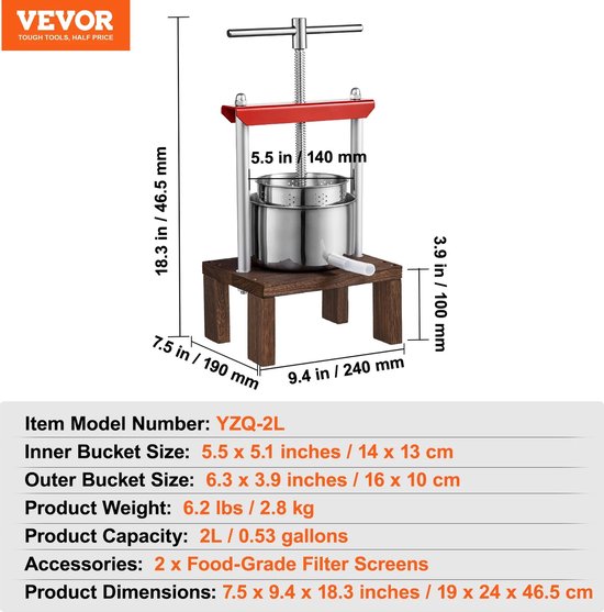 Handmatige fruitpers - 2L - Sapcentrifuge - Roestvrij Staal - Fruit Tinctuur Wijn Olijven Pers Keukenmachine - Zilver van Fengdascheng — afbeelding 5