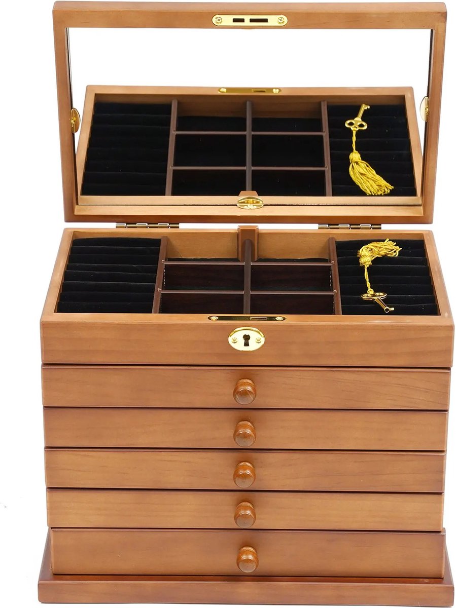 Botec 6-Tiers Houten Sieradendoos - juwelendoos - sieradenhouder - Organizer met Spiegel & Sleutelvergrendeling - 29,5 × 18,5 × 25 cm