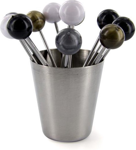 Cocktail Prikkers met Opbergpotje – Set van 12 Luxe Picks – Zwart, Wit, Goud