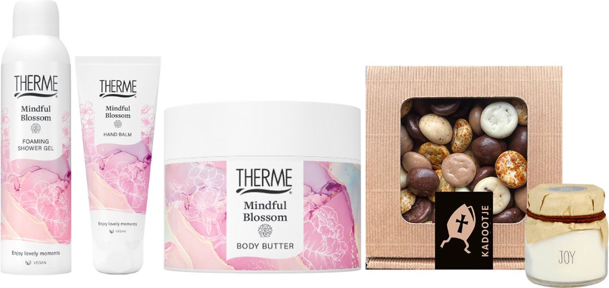 Goedkoopste Therme Cadeauset Sinterklaas Mindful Blossom - Therme Bodybutter Mindful Blossom - Therme Shower Foaming Mindful Blossom - Liv 'n Taste Chocolade Kruidnoten Mix Kadootje