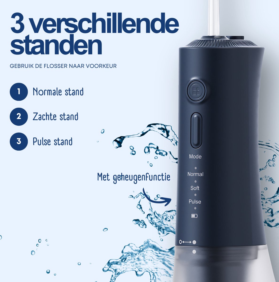 RYER Waterflosser - Draadloos - IPX7 - 320 ml Tank - 3 Standen (Normaal/Zacht/Pulse) - 4 360° Opzetstukken - 2-min Timer & Geheugenfuncties thumbnail 2