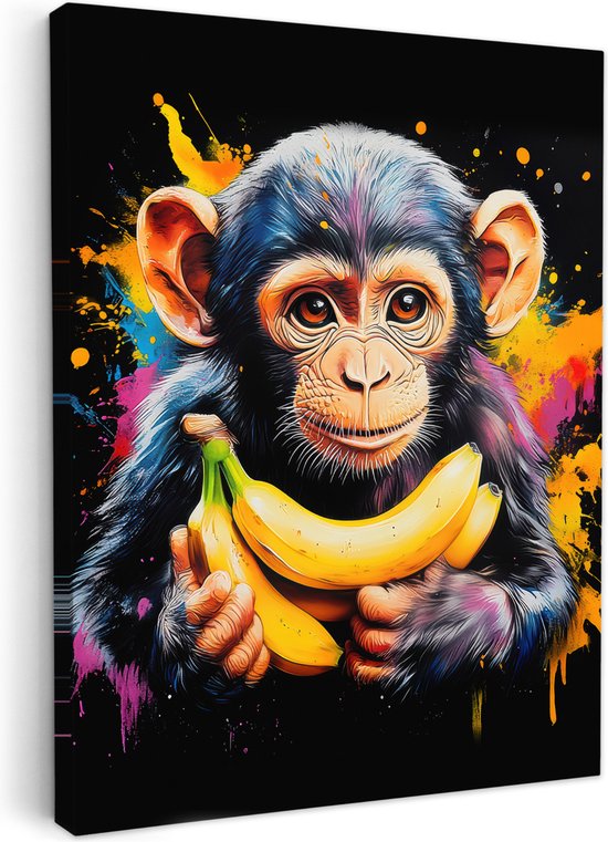 Canvas schilderij 60x80 cm - Wanddecoratie Aap - Graffiti - Kleurrijk - Bananen - Modern - Muurdecoratie accessoires - Keuken decoratie muur - Schilderijen op canvas