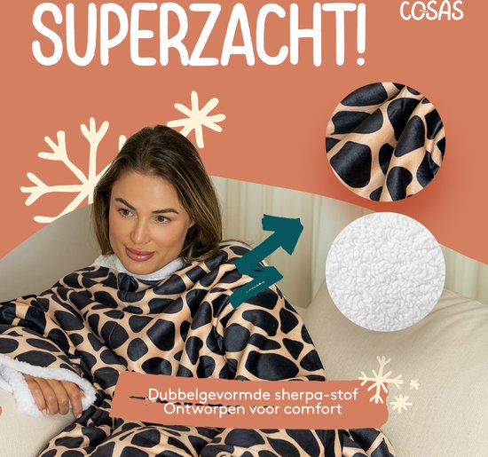 Fleece Deken met Mouwen - Hoodie Deken - Hoodie Blanket - Huggle Hoodie - Snuggle Hoodie - Dekens - Plaid met Mouwen - TV Deken - Giraffe Print - Dames en Heren - Volwassenen - 180x130 cm - Noodpakket - Kerstcadeau - Snuggie Moment