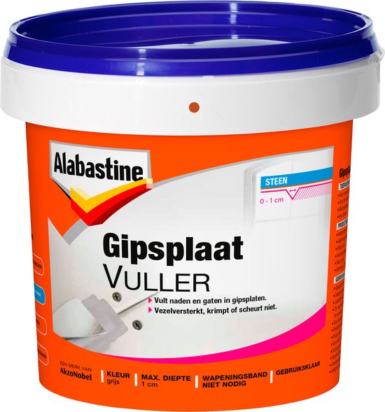 Alabastine Gipsplaatvuller emmer met blauw deksel, oranje label met tekst 'Gipsplaat VULLER'.