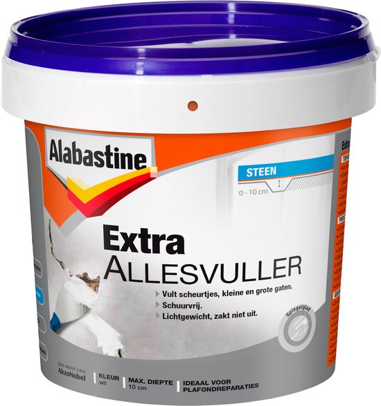 Alabastine Extra Allesvuller emmer, wit met oranje en grijs etiket, 600 ml.