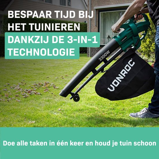 VONROC 3-in-1 bladblazer – 3300W – Blazen, Zuigen & Versnipperen – 270km/h – Incl. 40L opvangzak