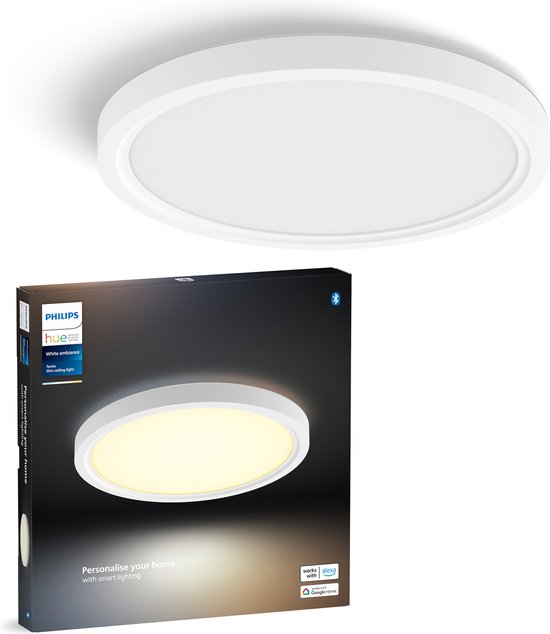 Ronde, witte Philips Hue plafondlamp, 30 cm doorsnede, met verpakking.