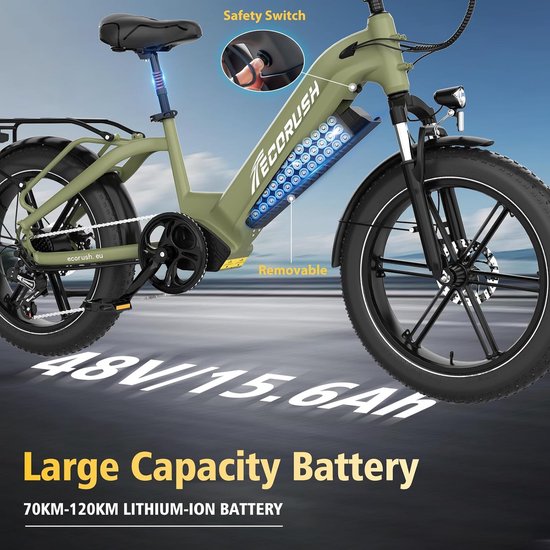 ECORUSH Elektrische Fiets ECO R6 - 20*4.0 Inch Fat Tire City Commuter EBike met Afneembare 48V 15.6Ah Lithium Batterij - Mountain E-Bike met 250W Motor - 7 Versnellingen - IP54 Waterdicht van ECORUSH — afbeelding 3