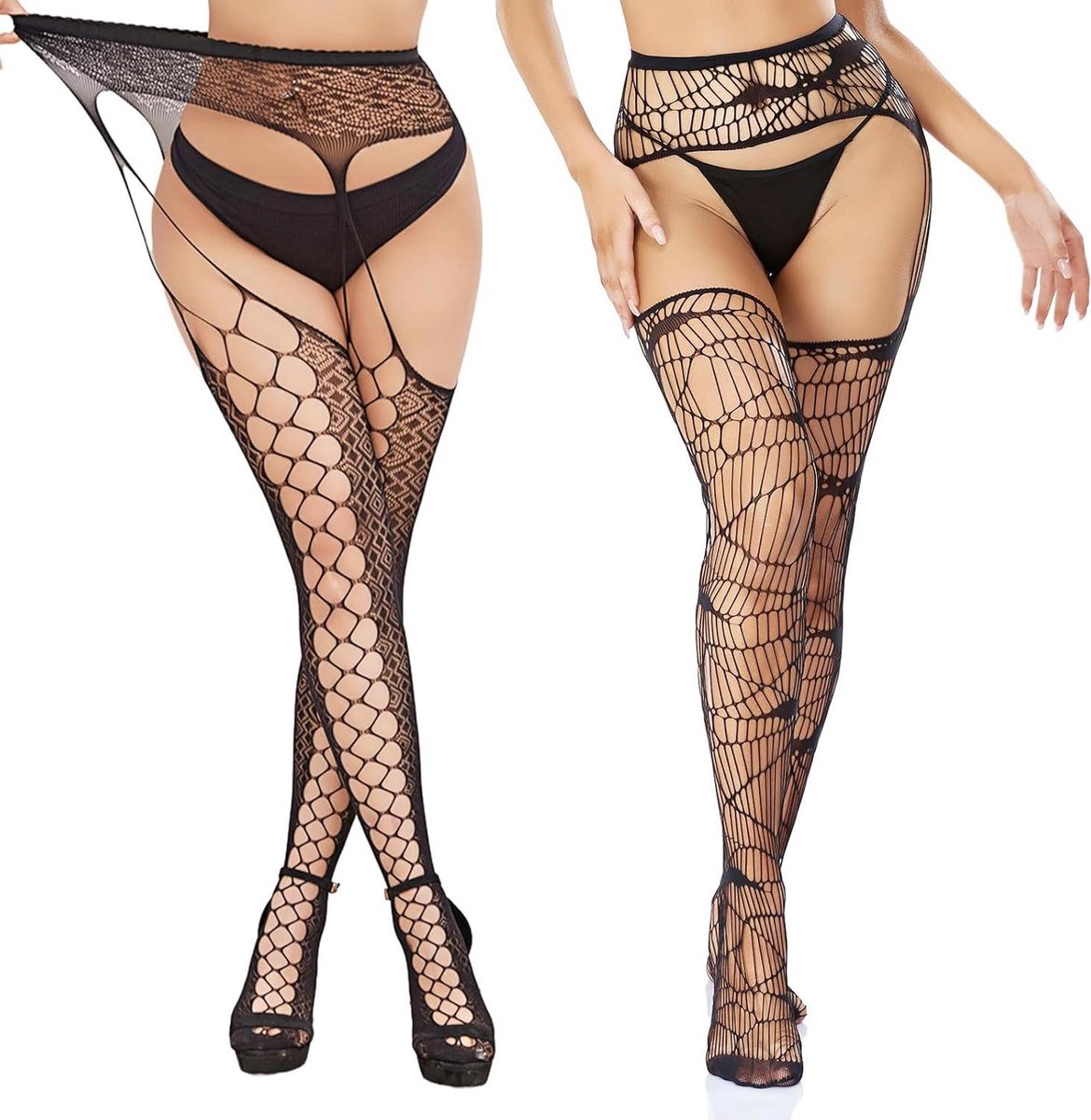 Goedkoopste 2 Pairs Women's Fishnet Stockings High Waist Sexy Tights - Black Garter Stockings Lace Tight Women.