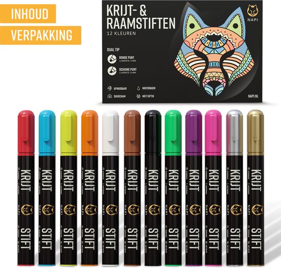 Twaalf krijt- en raamstiften in verschillende kleuren, met een doos met een tekening van een vos.