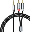 Audio kabel met aan het uiteinde een 3.5mm jack en twee tulpstekkers: één rood en één wit.