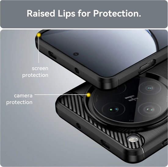 Detail van een telefoonhoes die de verhoogde randen voor scherm- en cameraprotectie toont.