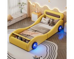 Sweiko Kinderbed - 90x200 cm - Autovorm - LED-verlichting - Opbergruimte - PU-materiaal - Zonder matras - Geel
