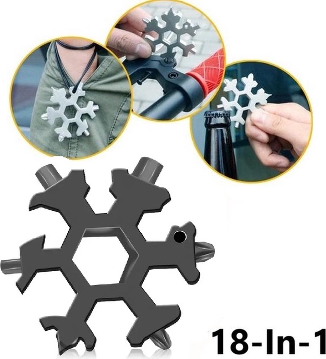18 in 1 Multipocket Tool I 18 Functies I RVS I Multitool Sleutelhanger I Fietsgereedschap I Sneeuwvlok I Zwart
