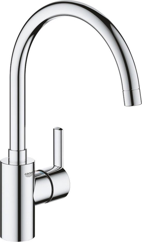 GROHE keukenkraan in chroom, met hoge, gebogen uitloop en hendel. Flexibel 0°/150° draaibereik.