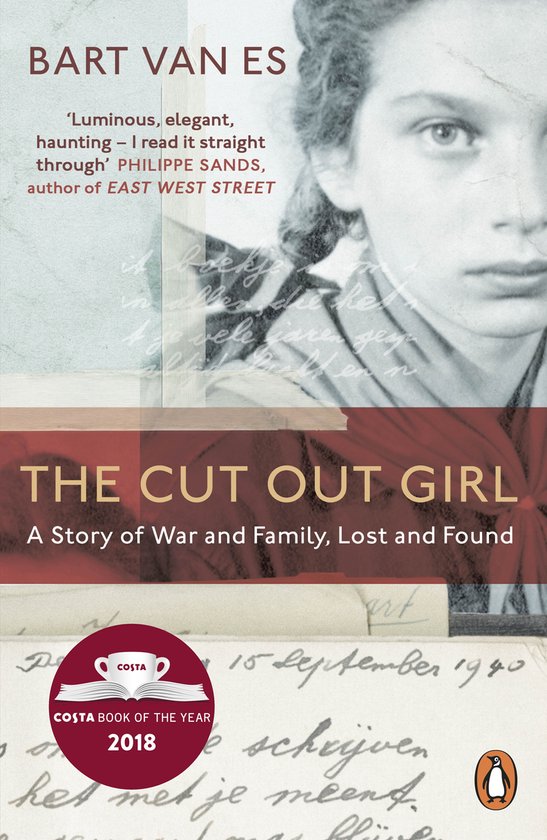 Boek kaft 'The Cut Out Girl' met tekst en afbeelding van een meisje. Costa Book of the Year 2018.