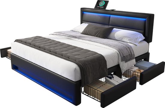 Merax Doppelbett 160 X 200 Cm – Mit LED, USB-Anschluss, Stauraum, Leinenstoff, Wendbarem Kopfteil, Ohne Matratze