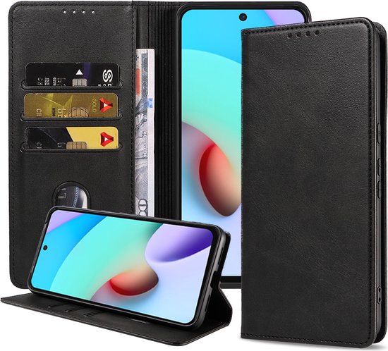 Étui Smartphonica pour Xiaomi Redmi 10 , en similicuir avec fermeture magnétique et Porte-cartes, avec rabat - Zwart