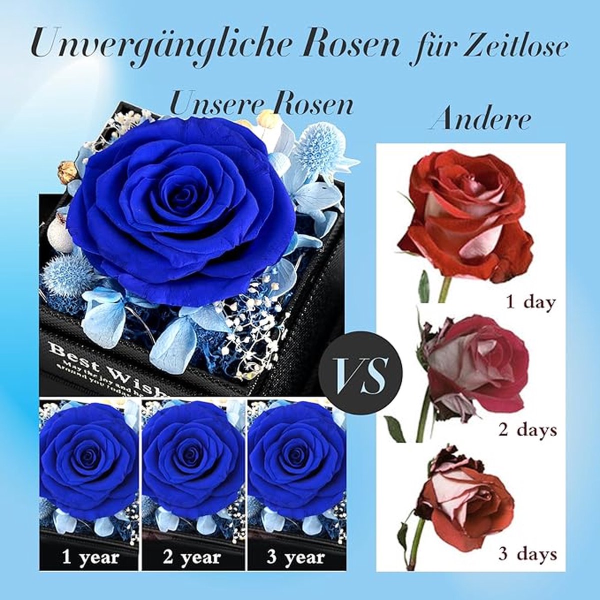 Rose éternelle Bleue Avec Collier Cœur - Coffret Cadeau Luxe Pour Femme - Saint-Valentin, Noël, Anniversaire