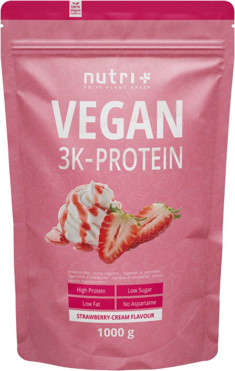 Goedkoopste nutri Vegan 3K Protein - Eiwitpoeder Strawberry Cream - Veganistisch proteïne poeder - met proteïnen uit soja, erwten en zonnebloem - lactosevrij en glutenvrij - 1000 g