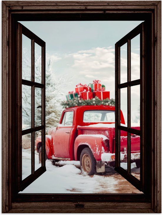 Poster 30x40 cm - Doorkijk - Auto - Rood - Cadeaus - Winterlandschap - Kerst - Posters - Kamer decoratie - Wanddecoratie woonkamer - Muurdecoratie slaapkamer - Kerstversiering - Kerstdecoratie voor binnen - Kerstmis