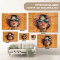 Art en verre d'une femme avec une couronne de fleurs et des lunettes de soleil, fond orange, en différentes tailles.