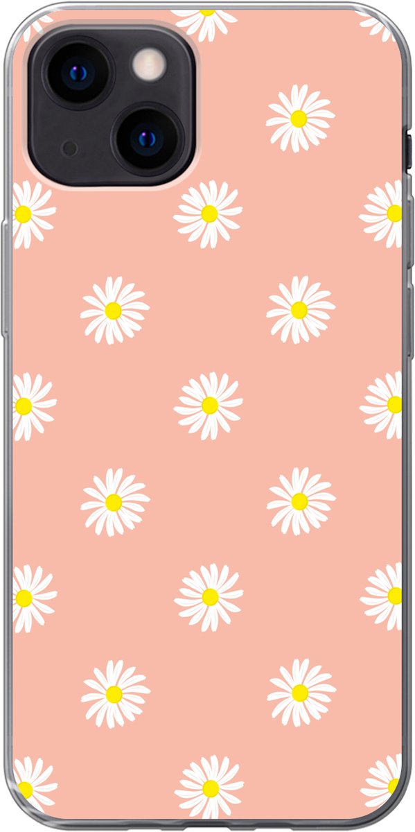Telefoonhoesje Geschikt voor iPhone 13 mini hoesje - Madeliefjes - Pastel - Wit - Roze - Bloemen print - Siliconen Telefoonhoesje Telefoonhoesje