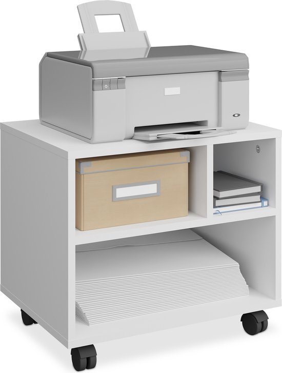 Wit bureaukastje op wielen met printer, doos, boeken en stapels papier.