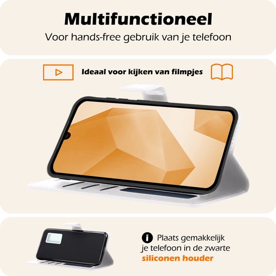 Wit telefoonhoesje in boekstijl, opengewerkt, dat ook als standaard dient voor handsfree kijken van films. Met telefoonhouder.