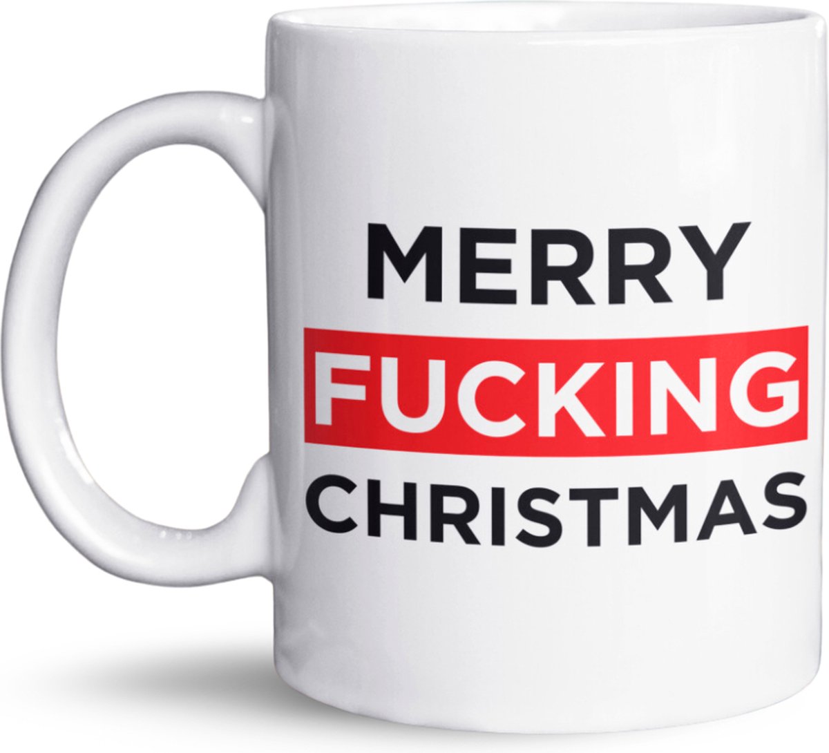 NietMokken.nl - Merry Fucking Christmas Mok - Grappige Kerstmok - Beide Zijden Bedrukt - Vaatwasser- en Magnetronbestendig - Keramische Beker - 325 ml - Origineel Cadeau voor Kersthaters - Witte Variant