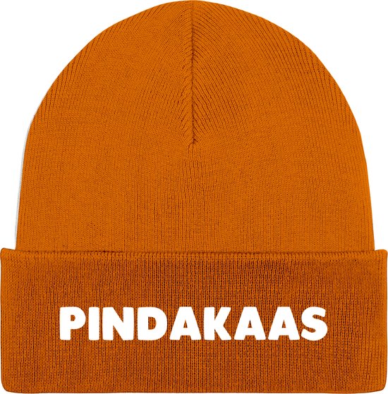Geborduurde Beanie Muts met Tekst 'PINDAKAAS' - Unisex Winter Accessoire voor Dames en Heren - Beanie - Oranje