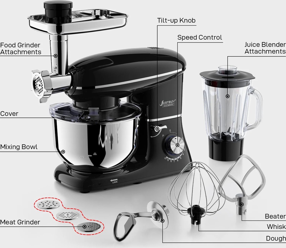 3 In 1 Keukenmachine - Keukenrobot - 1500W - Foodprocessor Met Blender, Vleesmolen, Garde, Deeghaak, Menghaak - 5,5 Liter - Zwart – foto 4