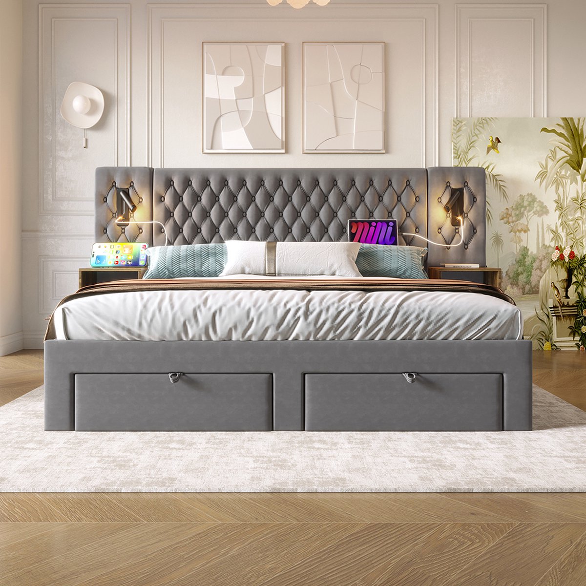 KOMHTOM Tweepersoonsbed met opbergruimte Bed 180x200 cm 2 nachtkastjes en 4 laden hoofdbord met USB-oplader Fluweel Gris Grijs