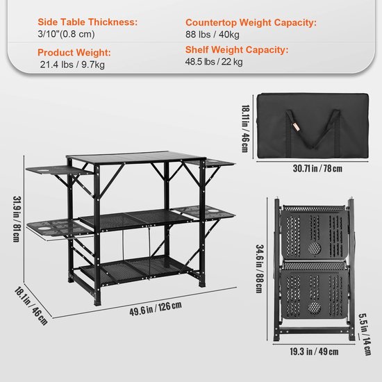 Collox Camping keukentafel - Klaptafel voor buiten - Opvouwbaar - Draagbaar - Afmeting open 126 x 46 x 81 cm - Zwart — afbeelding 5
