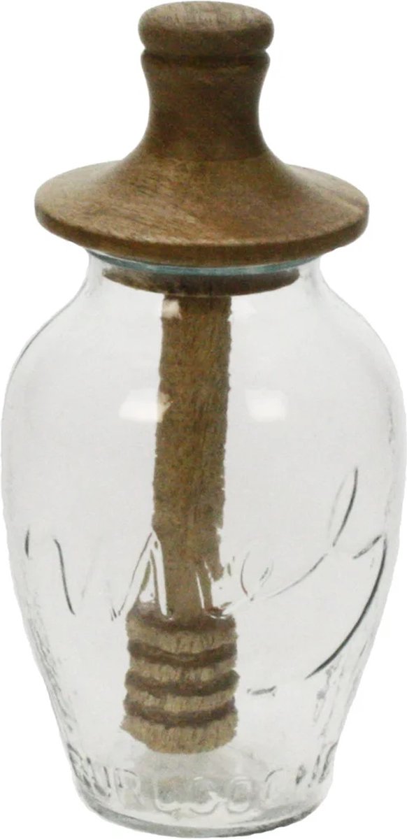 honingpot - deksel van hout - druppelaar - honinglepel - glas - Meander