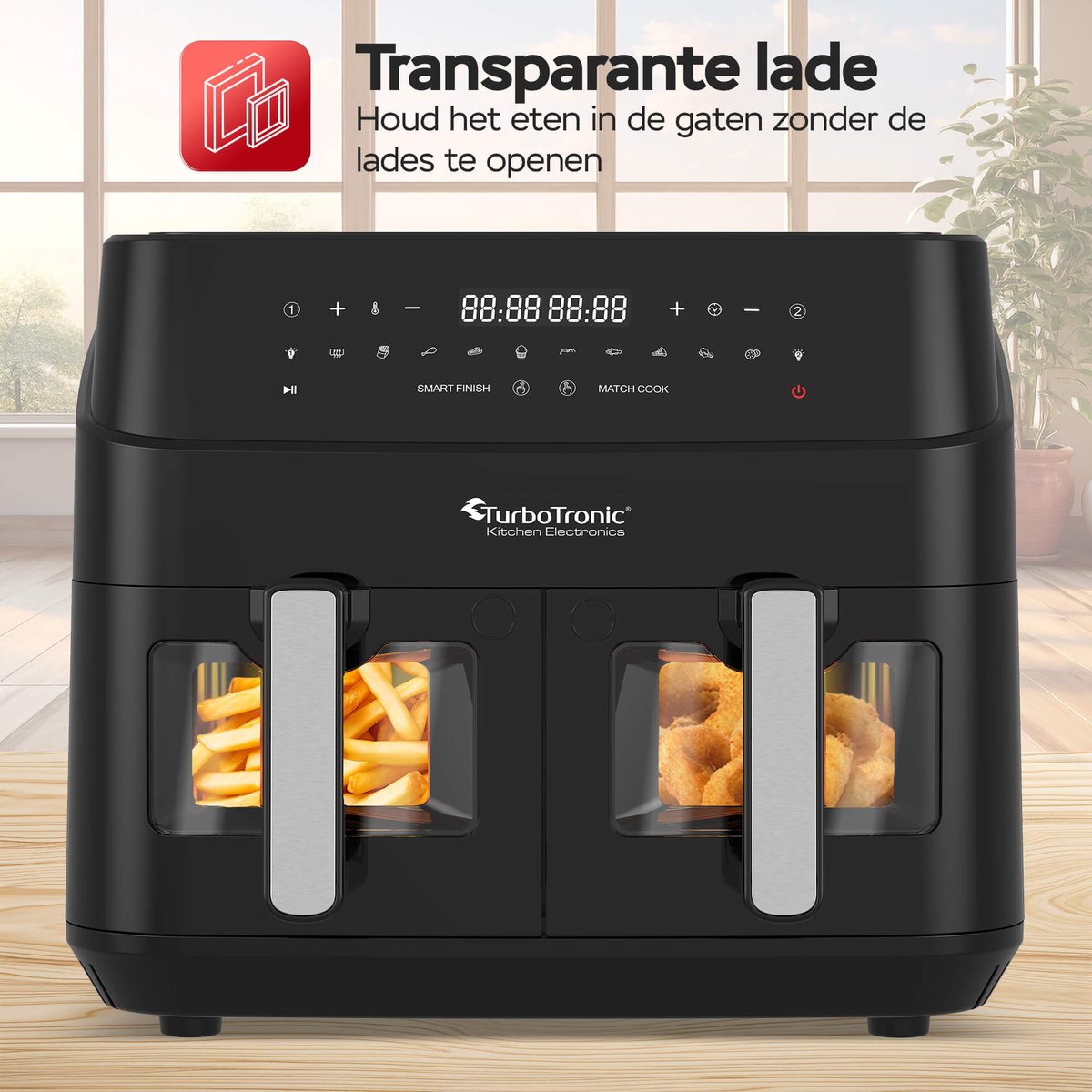 Afbeelding 2 van Turbotronic Airfryer XXL DualChef - 9L - 1600W - Heteluchtfriteuse - Dubbele Mand - 2 x 4.5L - 50ºC tot 200ºC - 10 Kookprogramma's - Zwart