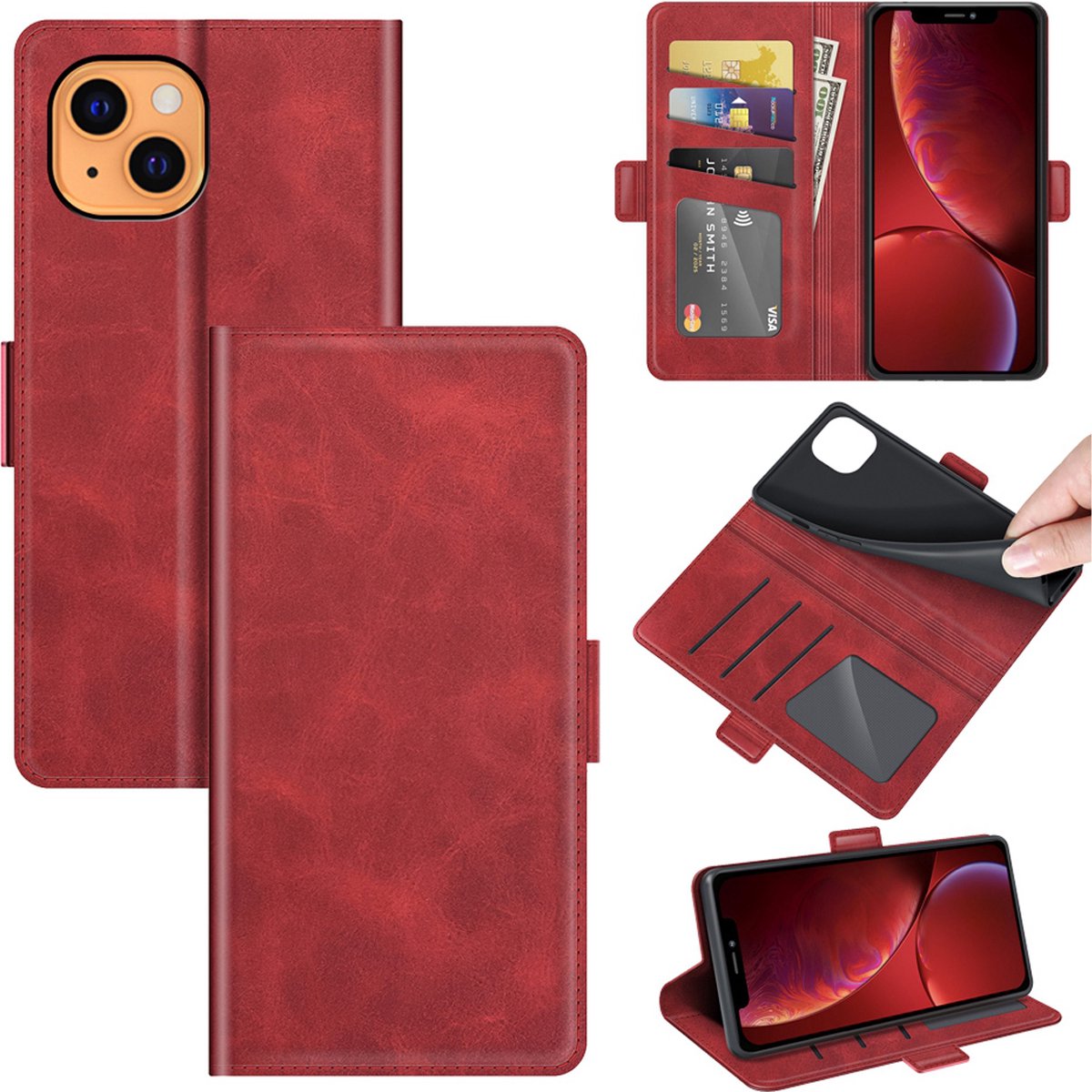MobyDefend Hoesje - Geschikt voor iPhone 13 - Luxe Wallet Book Case (Sluiting Zijkant) - Rood