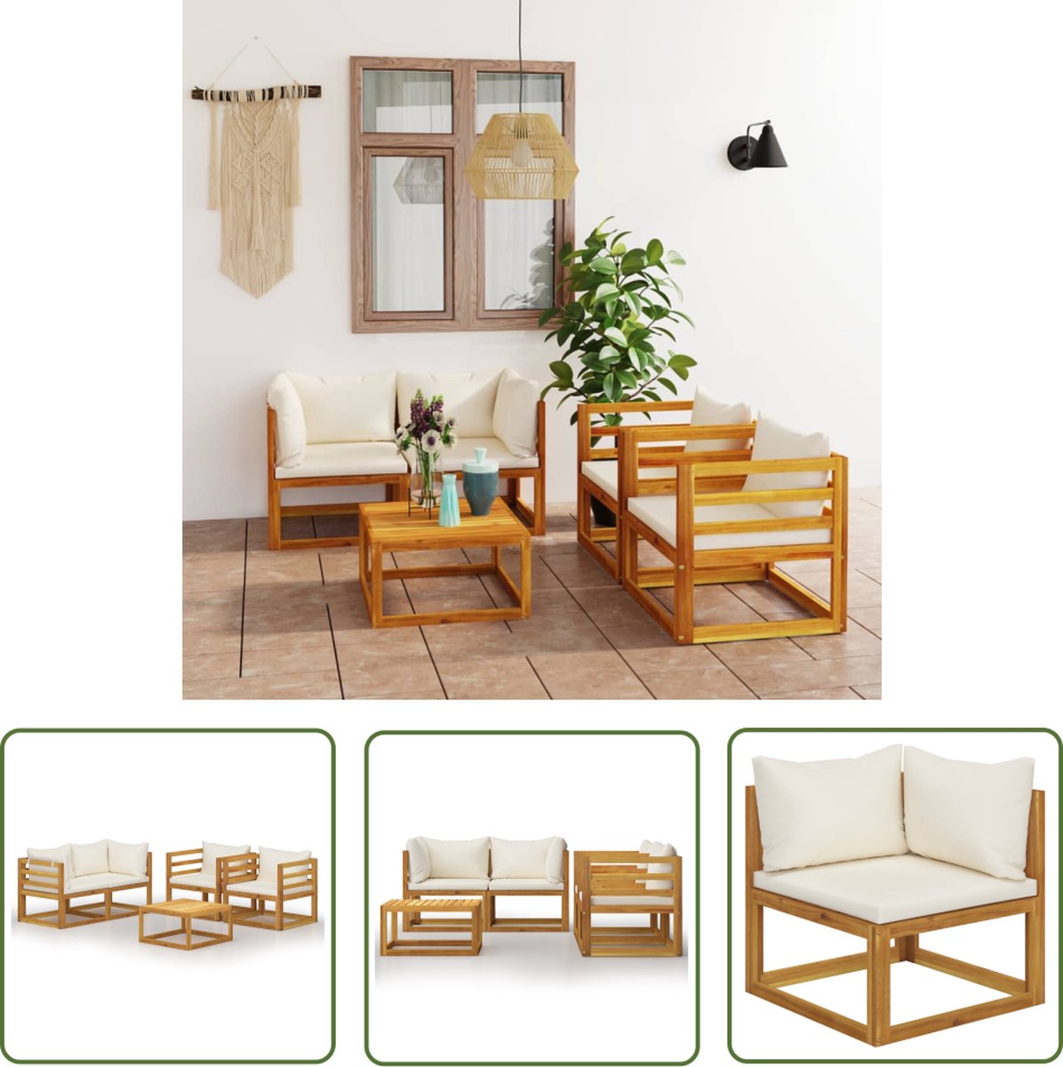 The Living Store 5-delige Loungeset met kussens massief acaciahout crème - Loungeset Acacia - Tuinset Hout - Lounge Bank - Loungestoel - Buitentijd