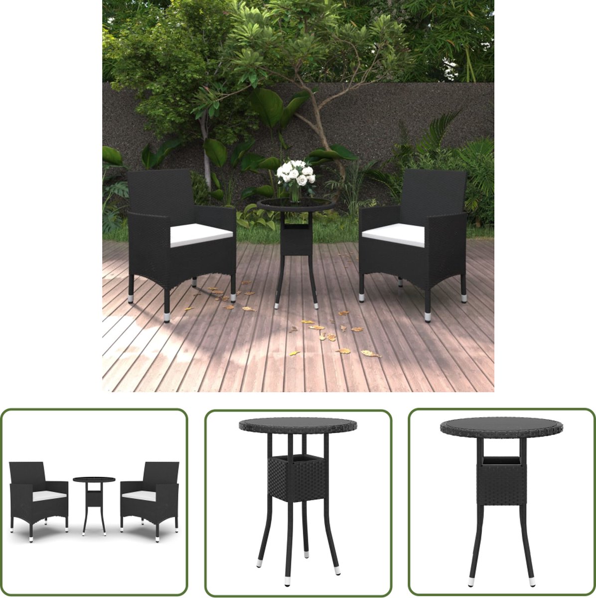 The Living Store 3-delige Tuinset poly rattan zwart - Tuinstoel - Tuintafel - Buitenshuis Eten - Lounge Set - Veranda Meubel