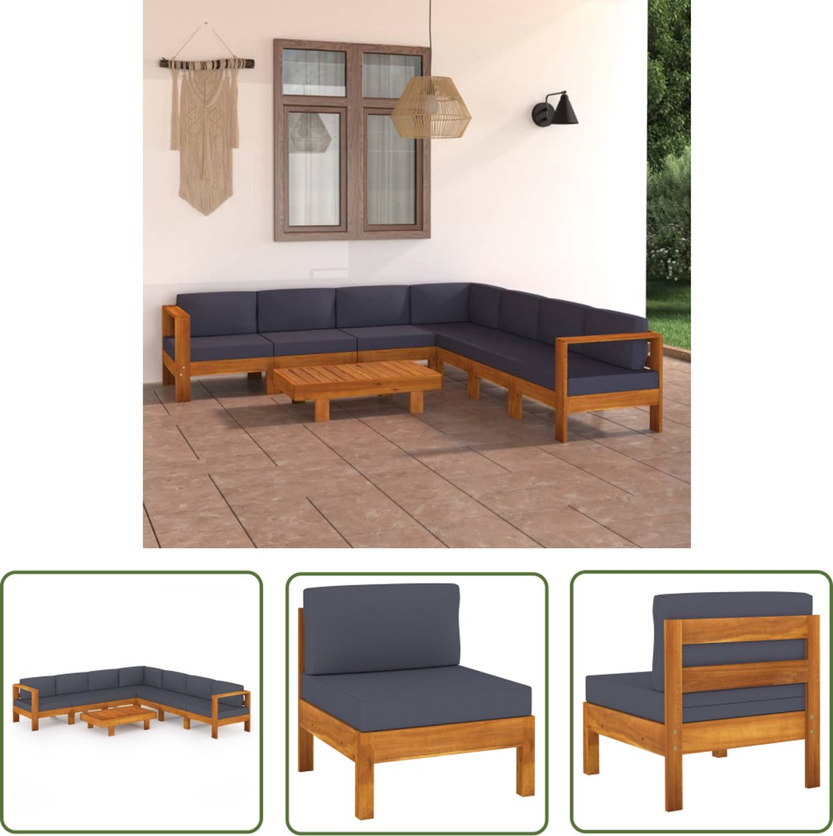 The Living Store Loungeset met donkergrijze kussens acaciahout - Tuinmeubelen met loungestoel en bank