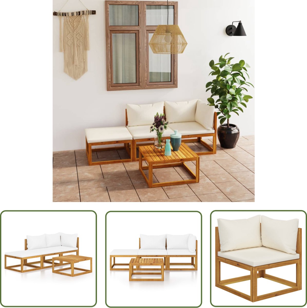The Living Store 4-delige Loungeset met kussens massief acaciahout crème - Loungestoel - Tuinset - Lounge Bank - Acacia Hout - Buitendecor