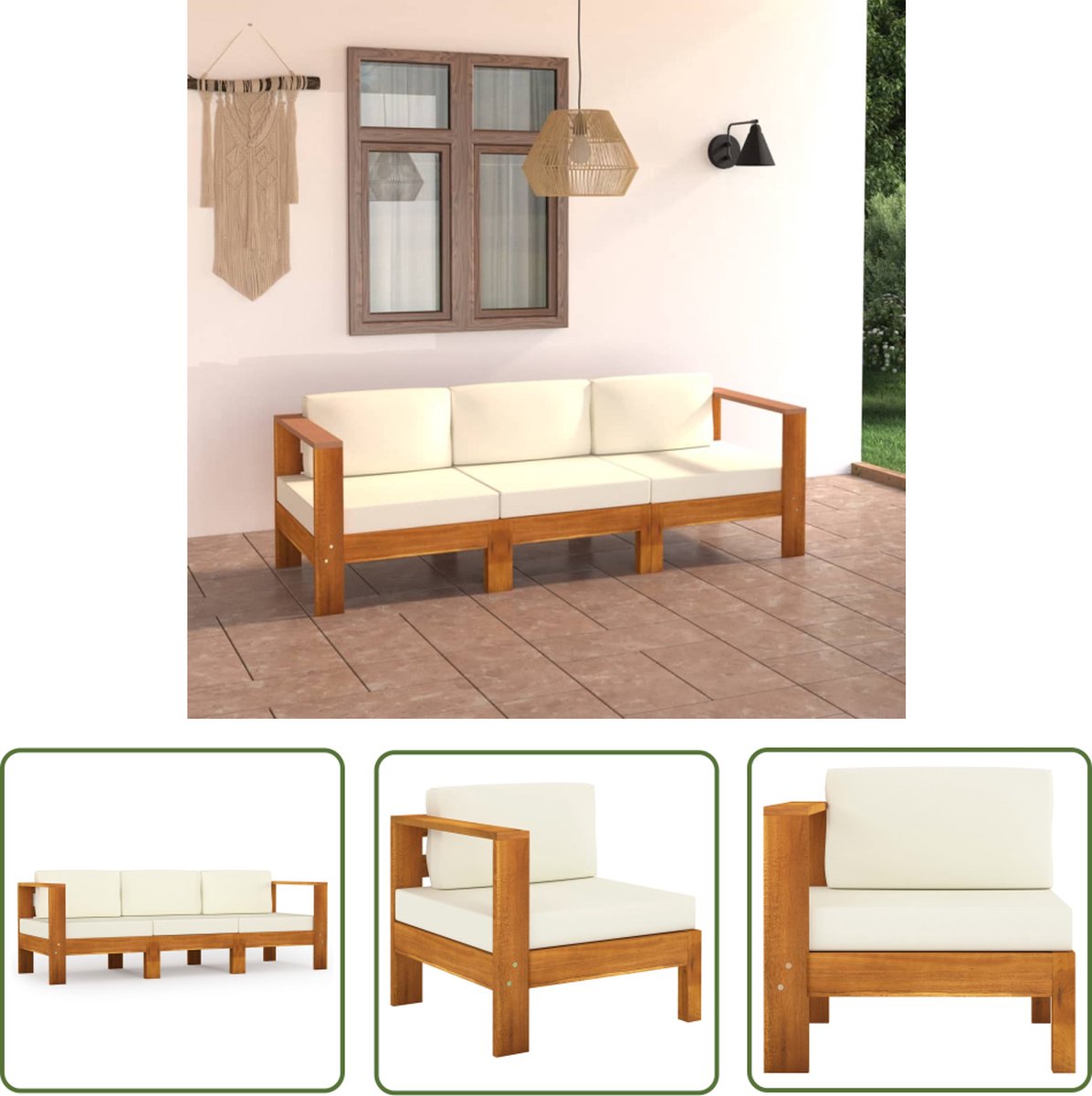 The Living Store Tuinbank 3-zits met crèmewitte kussens massief acaciahout - Tuinbank - Acaciahout - Tuinset - Lounge Set - Buitendining