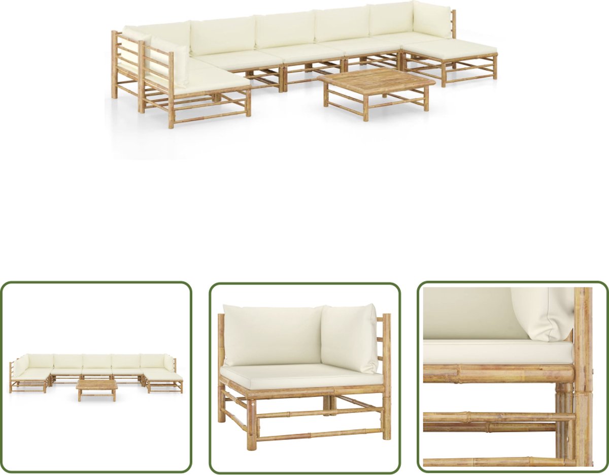 The Living Store 8-delige Loungeset met crèmewitte kussens bamboe - Bamboelounge - Loungestoel - Buitendining - Tuinset - Garden Furniture