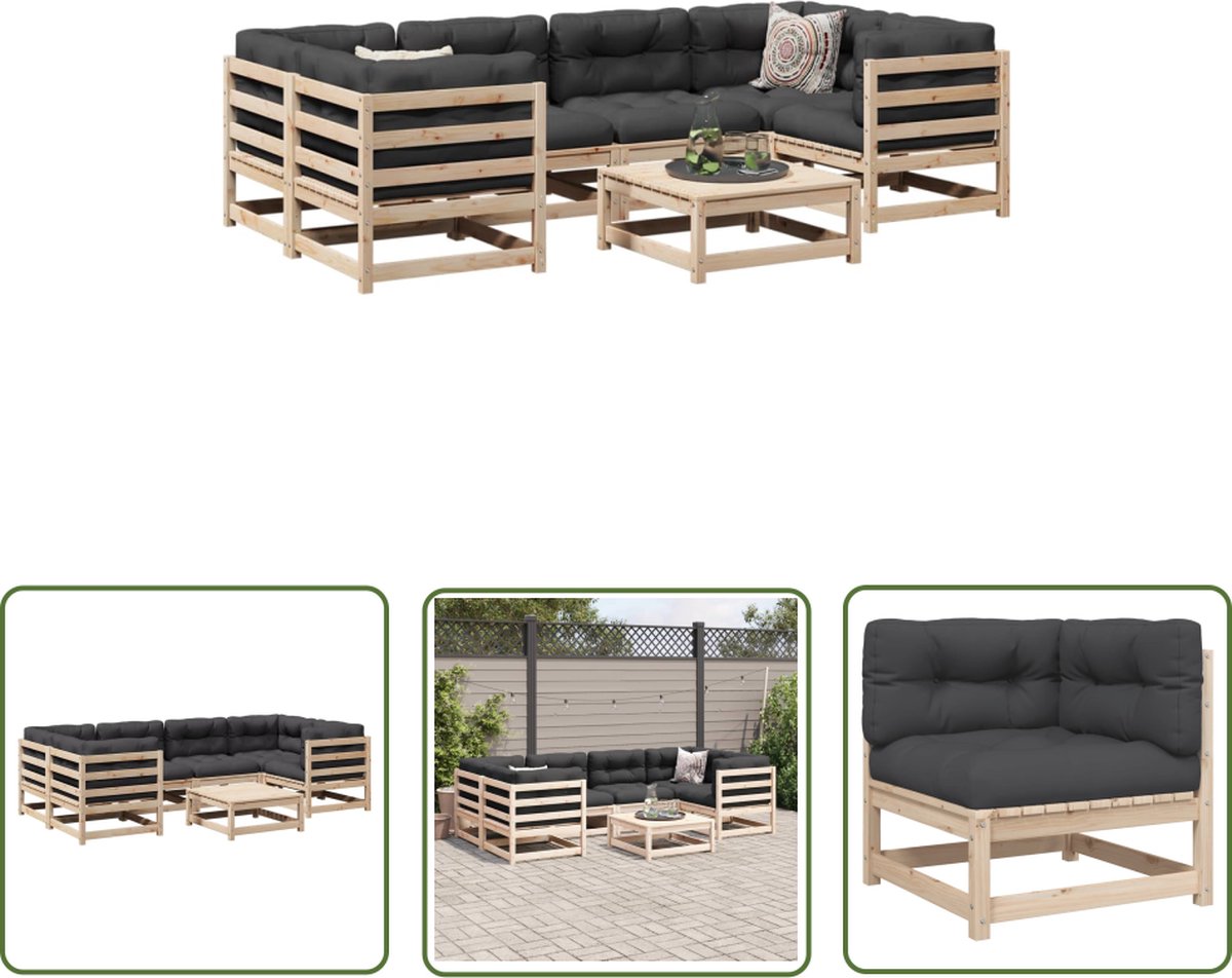 The Living Store 7-delige Loungeset met kussens massief grenenhout - Loungebank - Tuinset - Lounge Set - Houten Bank - Buitentijdbanken
