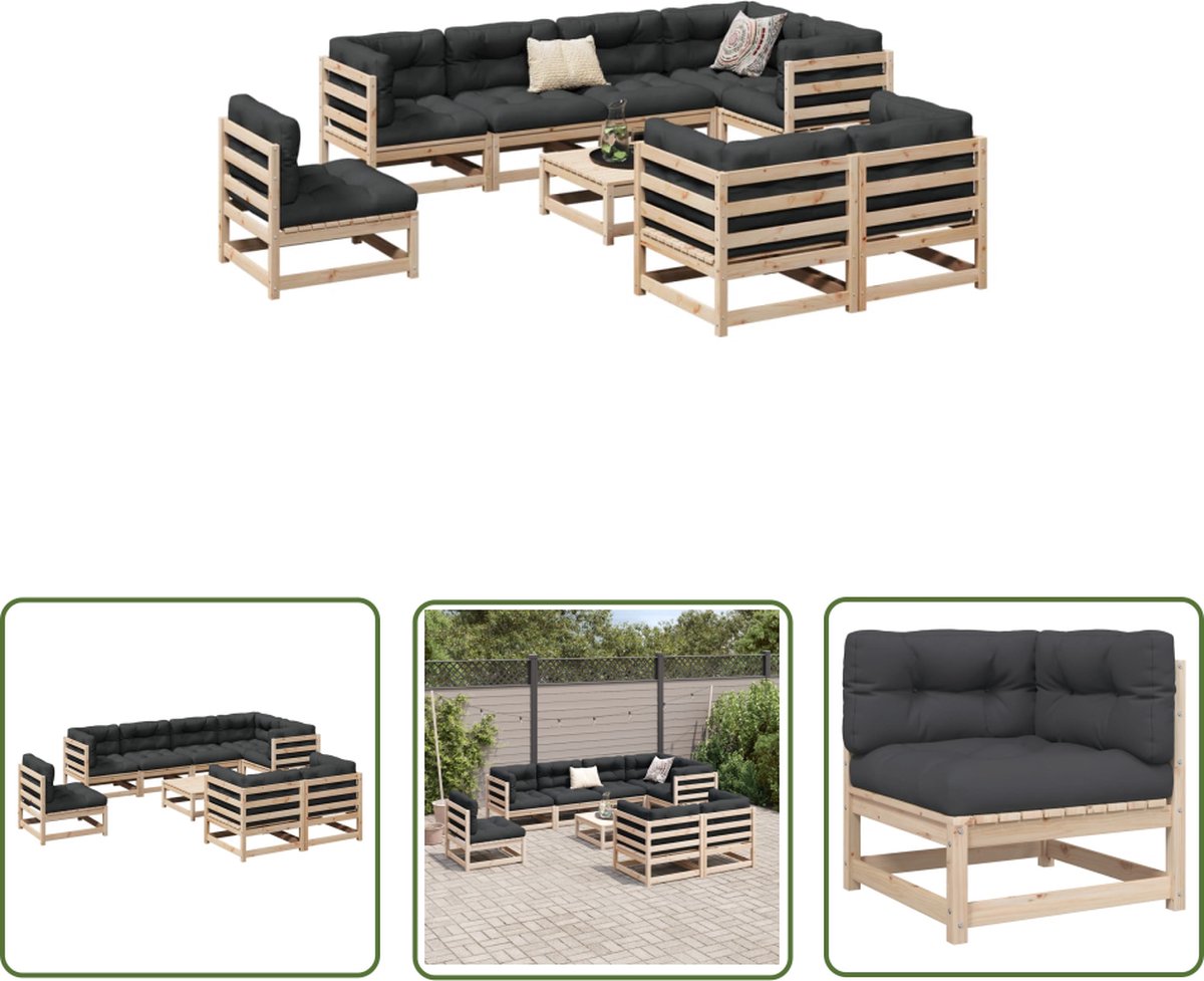 The Living Store 9-delige Loungeset met kussens massief grenenhout - Tuinlounge - Loungebank - Tuinset - Houten Bank - Buitendiner
