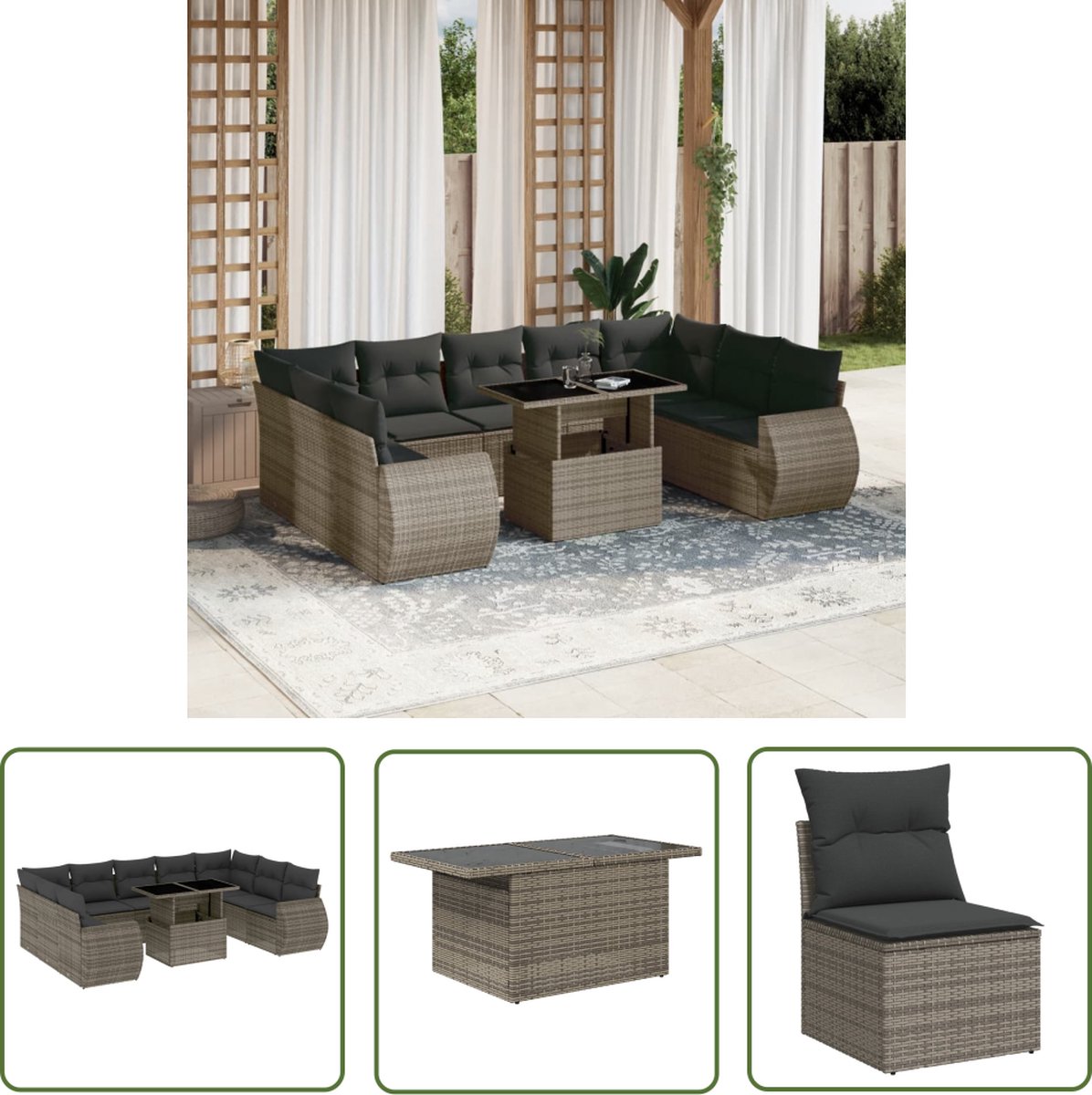 Grijze poly rattan loungeset met kussens voor tuinmeubels en buitendecoratie.