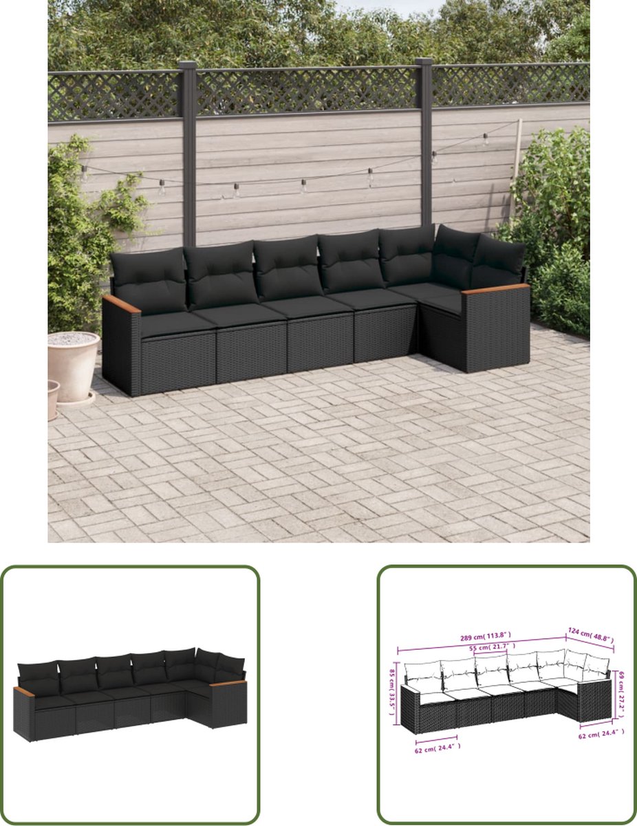 The Living Store 6-delige Loungeset met kussens poly rattan zwart - Loungebank - Tuinset - Lounge Set - Tuinmeubels - Buitendecoratie