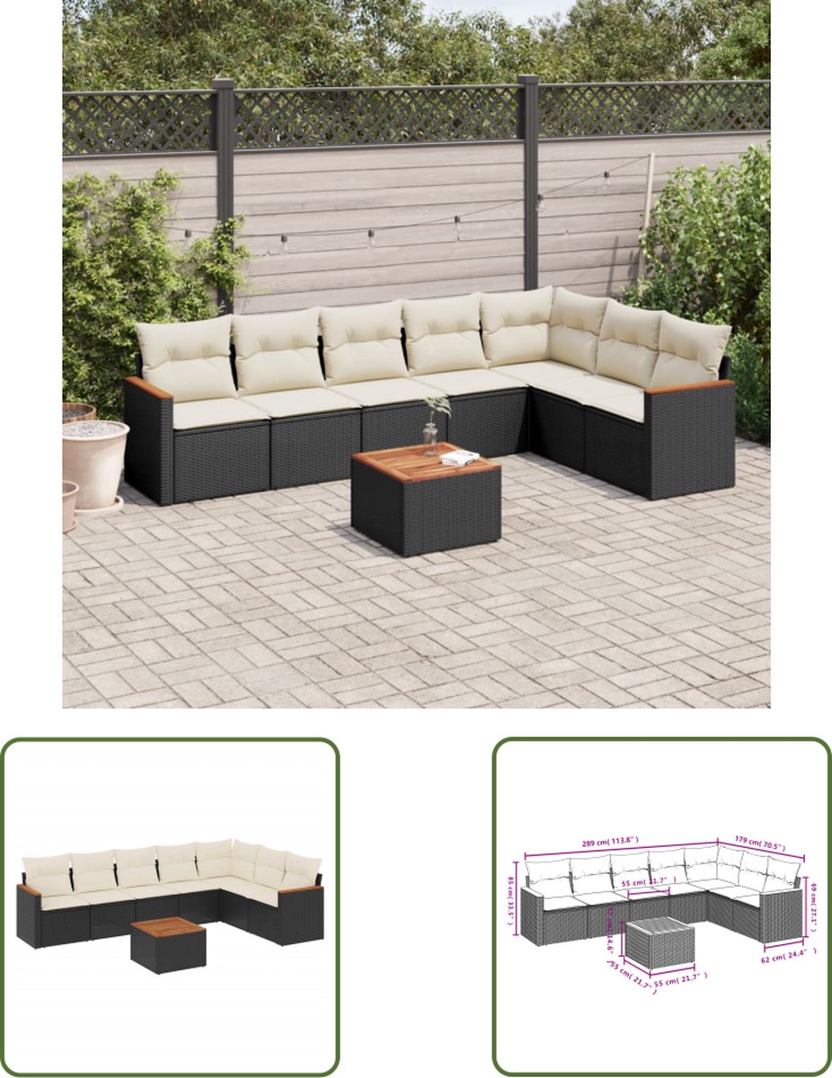 The Living Store 8-delige Loungeset met kussens poly rattan zwart - Loungeset - Tuinmeubels - Lounge Set - Zwarte Tuinbank - PE-rattan
